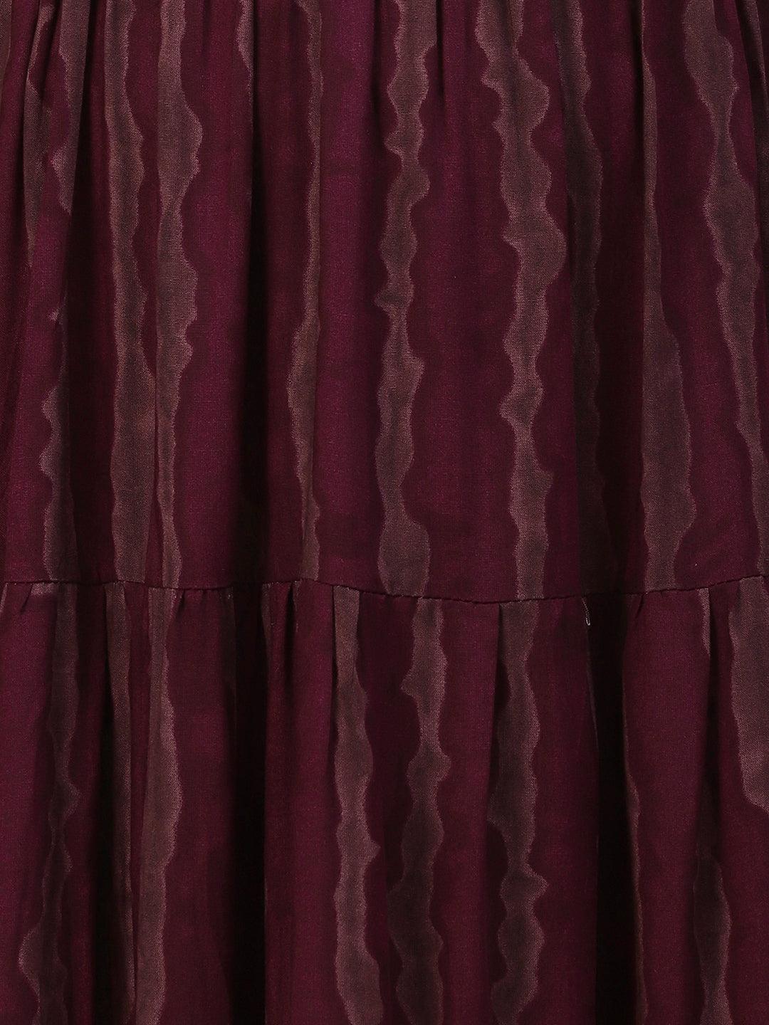 Abstract Striped Mirror Embroidered Tiered Maxi Dress - Maroon - Indiakreations