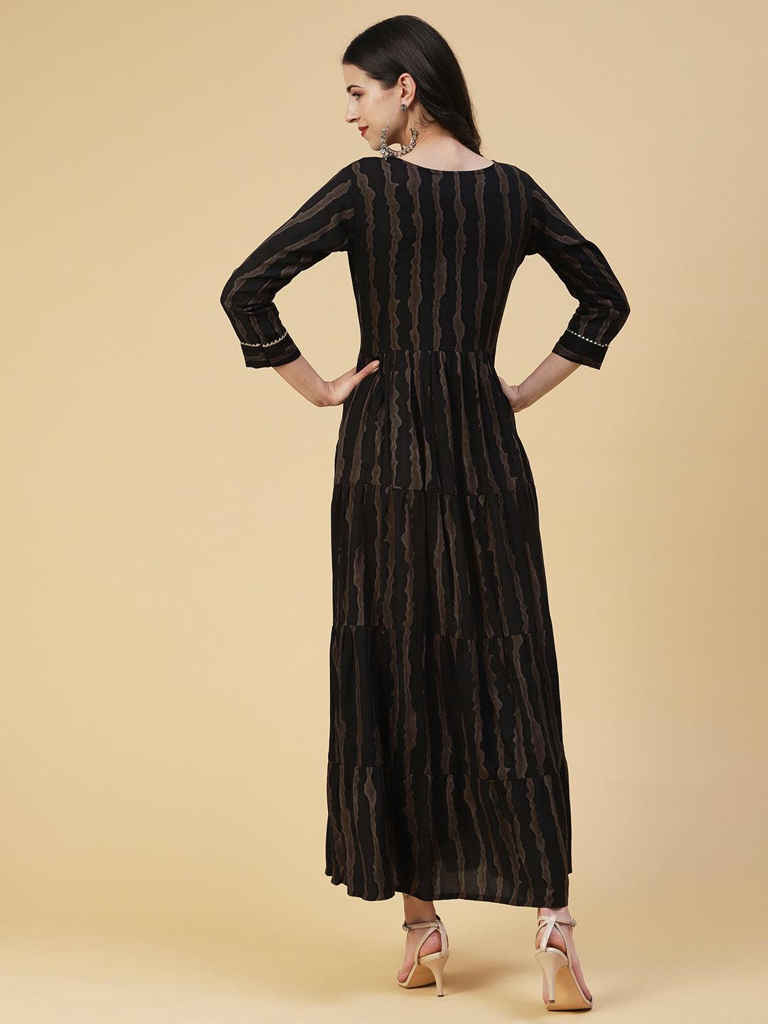 Abstract Striped Mirror Embroidered Tiered Maxi Dress - Black - Indiakreations