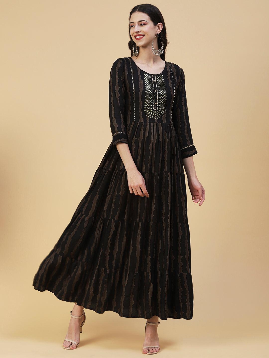 Abstract Striped Mirror Embroidered Tiered Maxi Dress - Black - Indiakreations