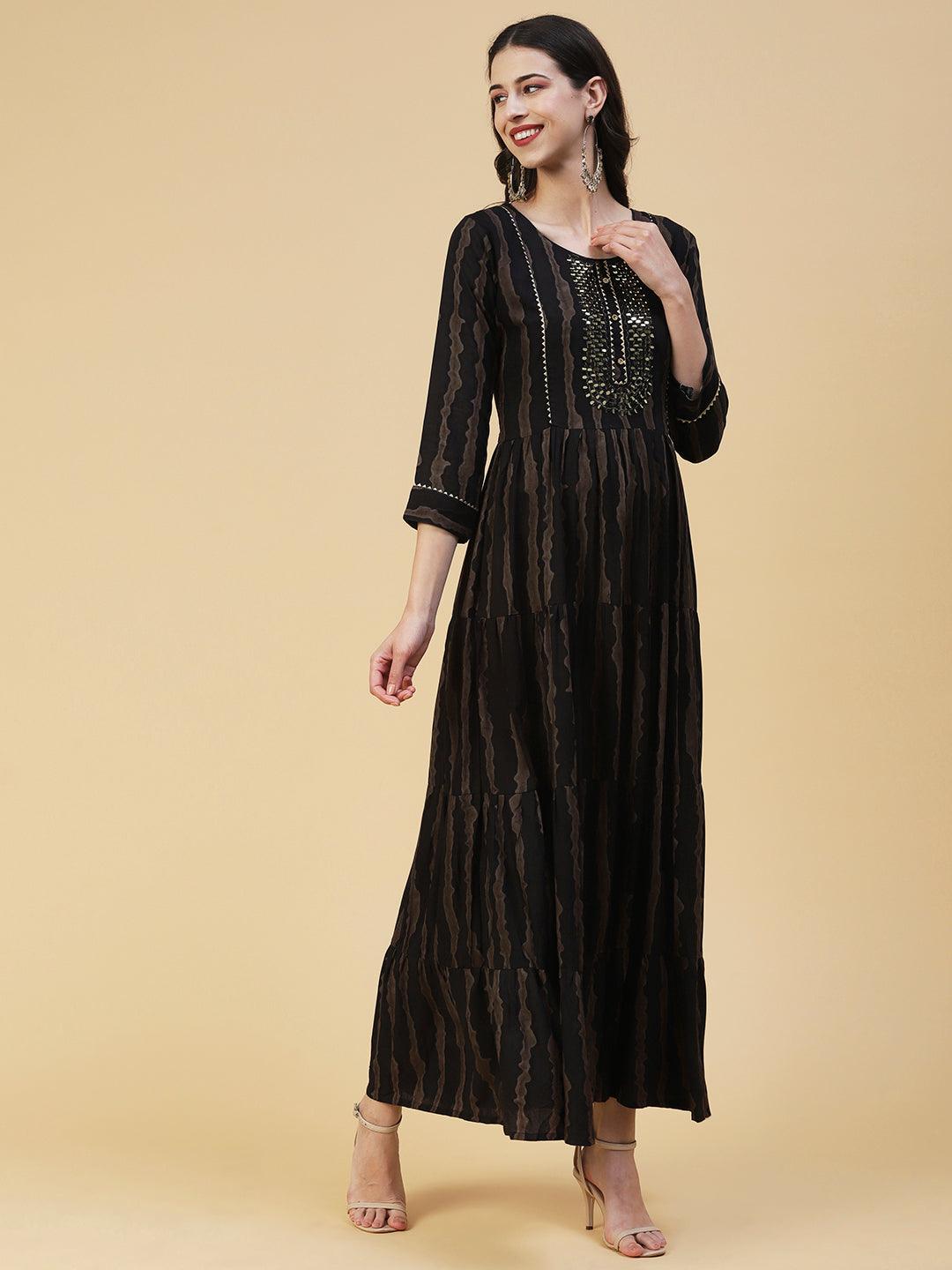 Abstract Striped Mirror Embroidered Tiered Maxi Dress - Black - Indiakreations