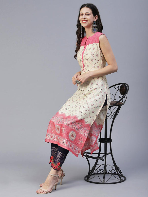 Geometric Printed Resham & Sequins Embroidered Kurta - Pink - Indiakreations