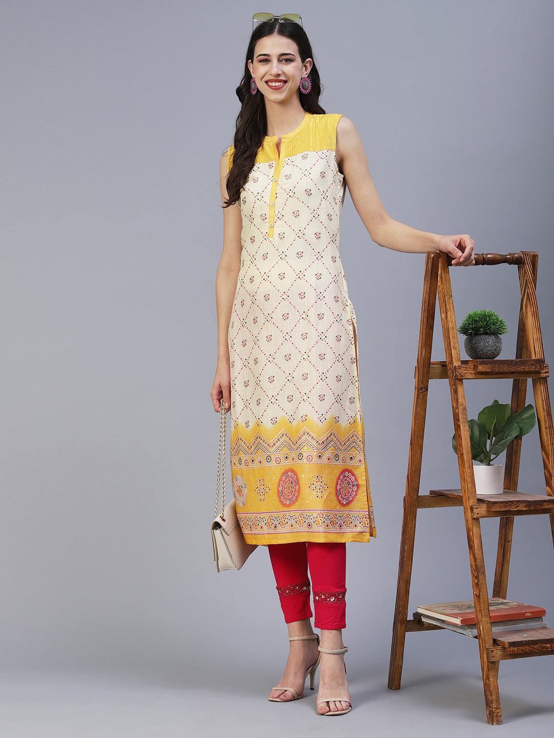 Geometric Printed Resham & Sequins Embroidered Kurta - Yellow - Indiakreations