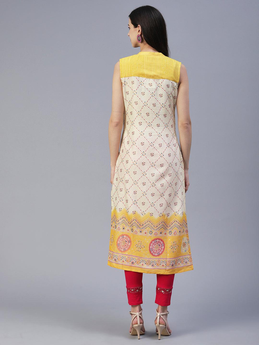 Geometric Printed Resham & Sequins Embroidered Kurta - Yellow - Indiakreations