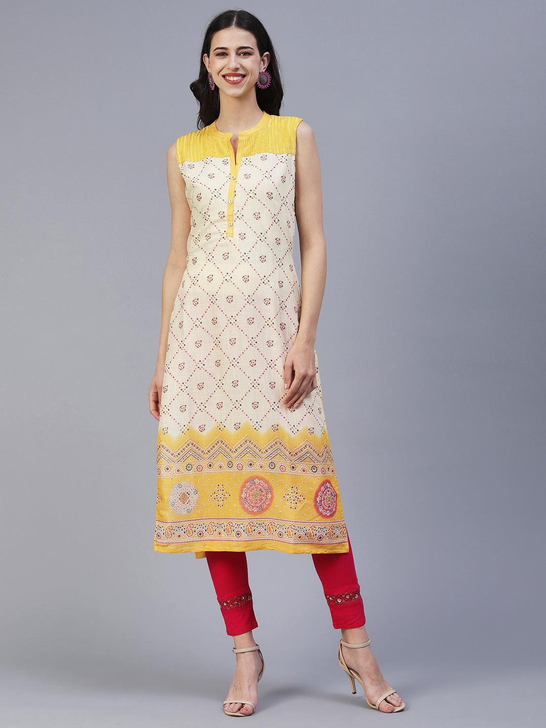 Geometric Printed Resham & Sequins Embroidered Kurta - Yellow - Indiakreations