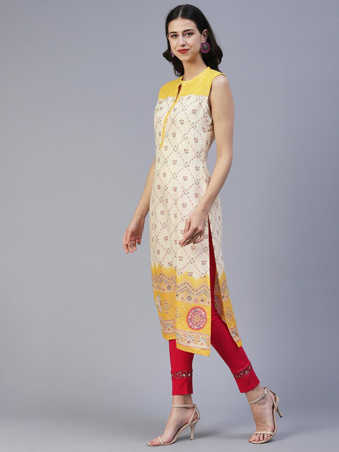 Geometric Printed Resham & Sequins Embroidered Kurta - Yellow - Indiakreations