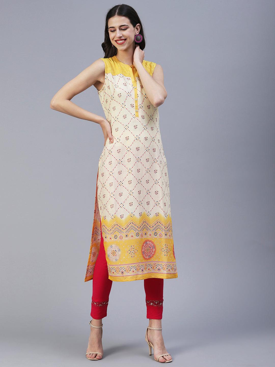 Geometric Printed Resham & Sequins Embroidered Kurta - Yellow - Indiakreations