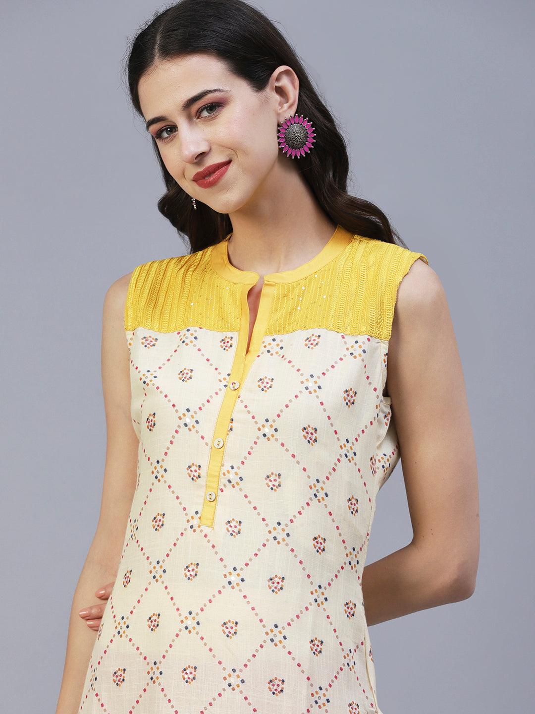 Geometric Printed Resham & Sequins Embroidered Kurta - Yellow - Indiakreations