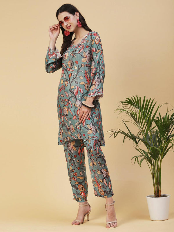 Floral Printed Resham Embroidered Kurta With Printed Pants - Multi - Indiakreations