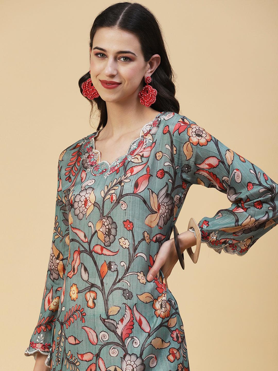 Floral Printed Resham Embroidered Kurta With Printed Pants - Multi - Indiakreations