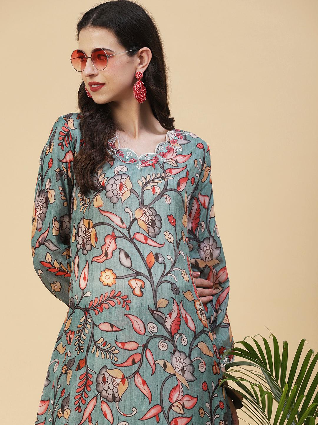 Floral Printed Resham Embroidered Kurta With Printed Pants - Multi - Indiakreations