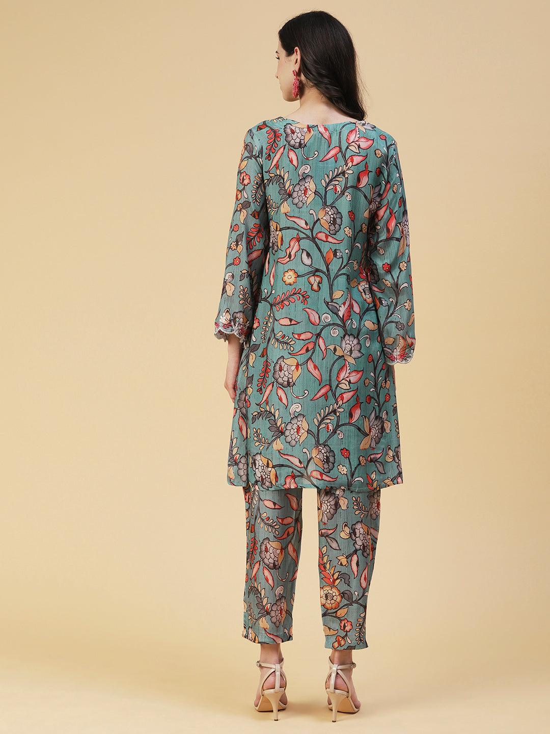 Floral Printed Resham Embroidered Kurta With Printed Pants - Multi - Indiakreations