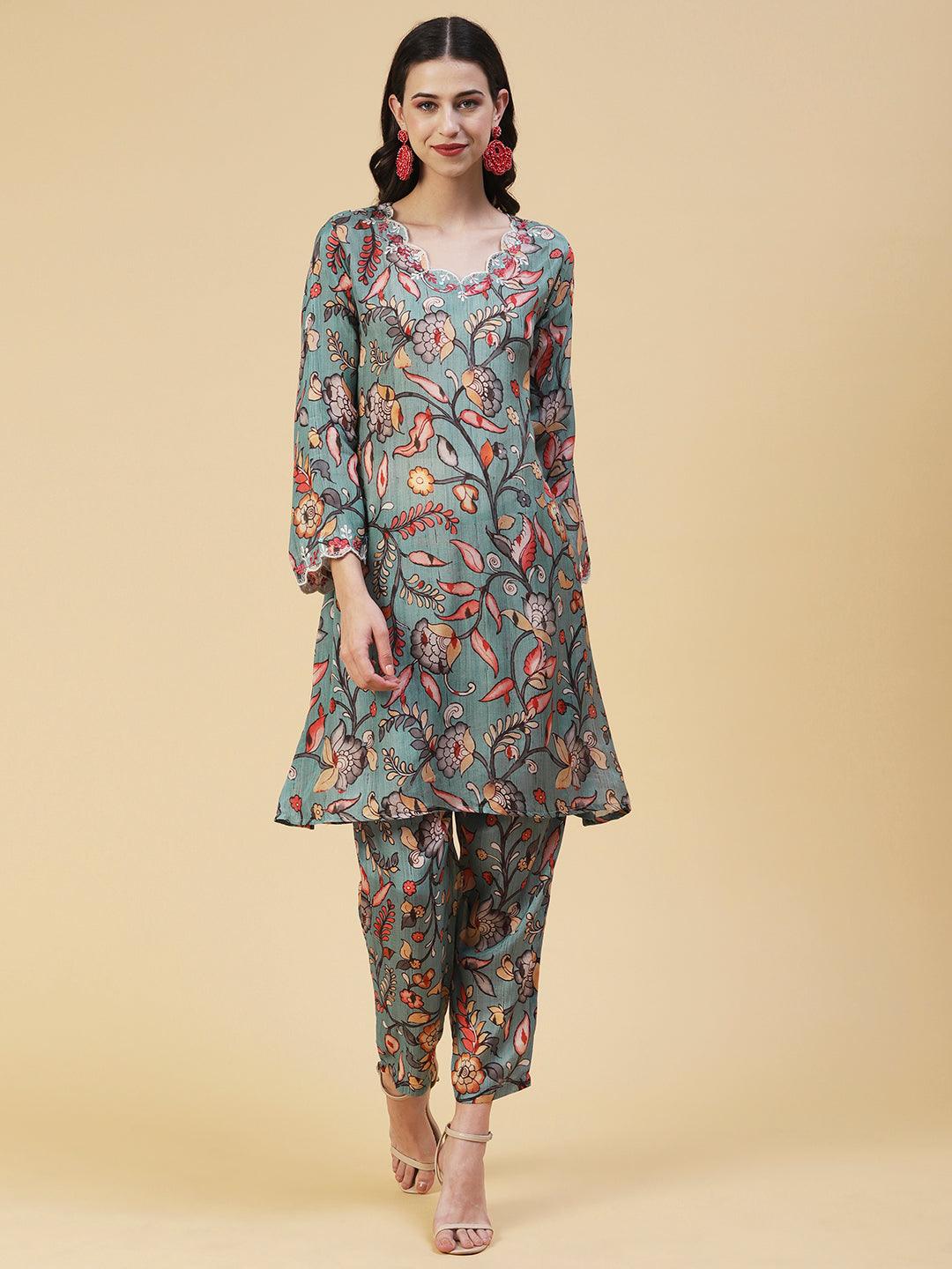 Floral Printed Resham Embroidered Kurta With Printed Pants - Multi - Indiakreations