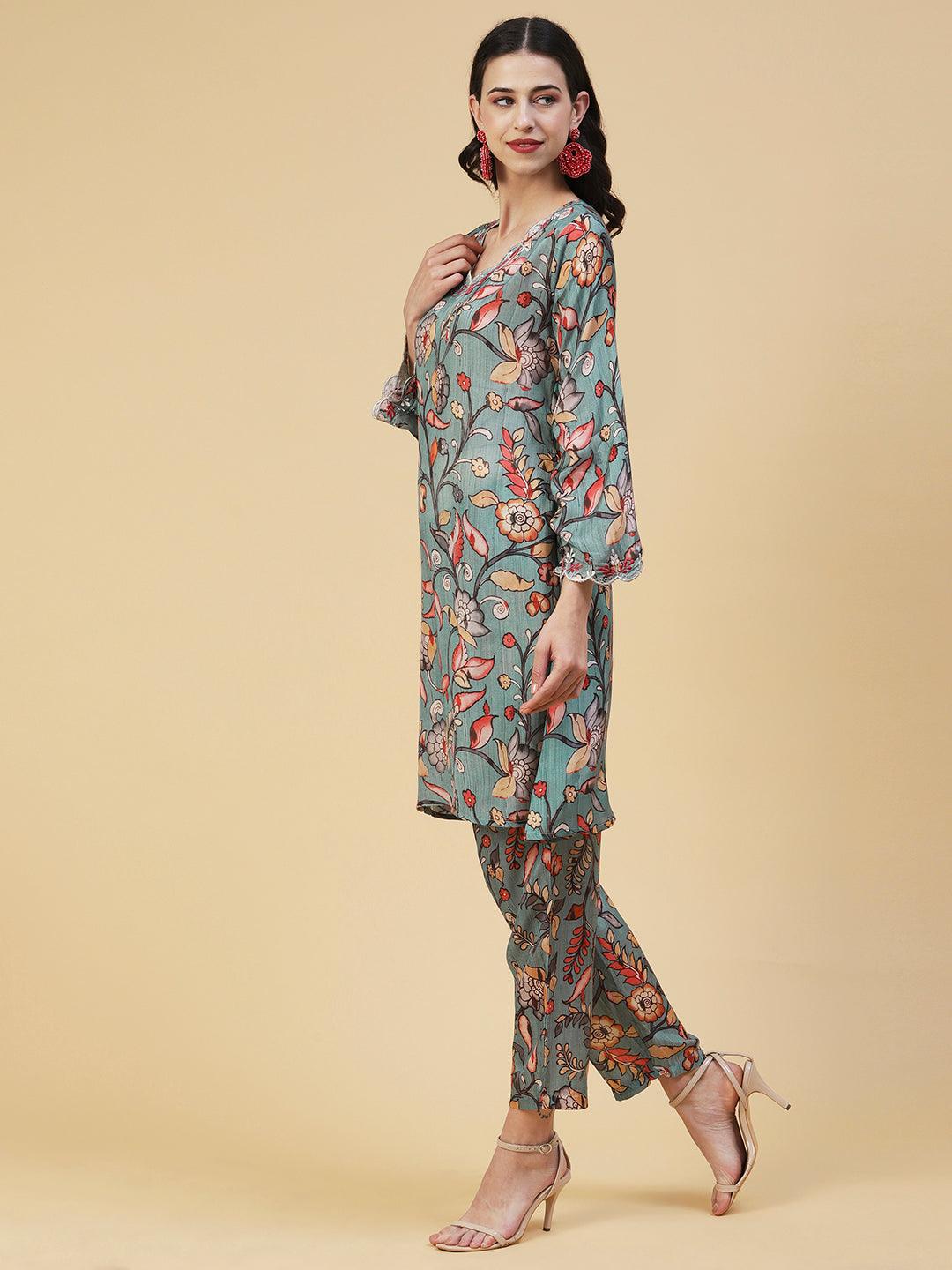 Floral Printed Resham Embroidered Kurta With Printed Pants - Multi - Indiakreations