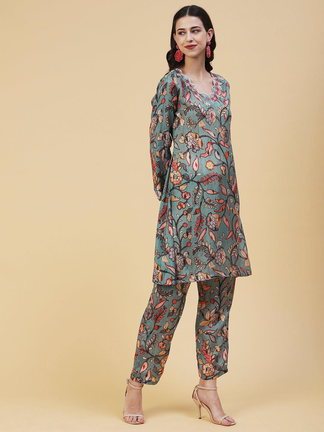 Floral Printed Resham Embroidered Kurta With Printed Pants - Multi - Indiakreations