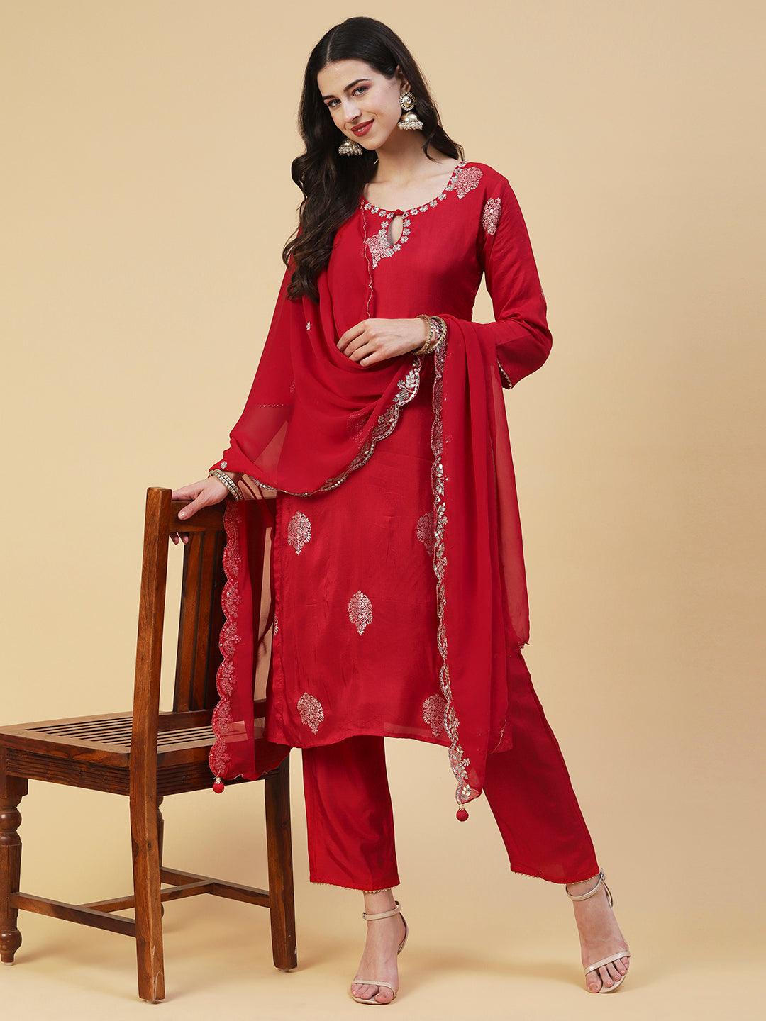 Ethnic Woven & Hand Embroidered Straight Kurta with Pant & Dupatta - Red - Indiakreations