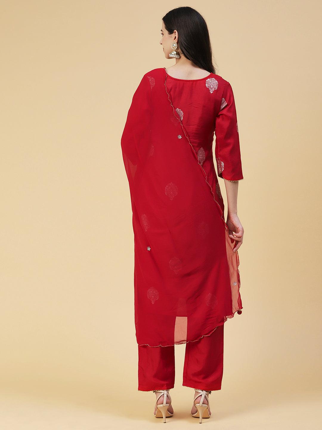 Ethnic Woven & Hand Embroidered Straight Kurta with Pant & Dupatta - Red - Indiakreations