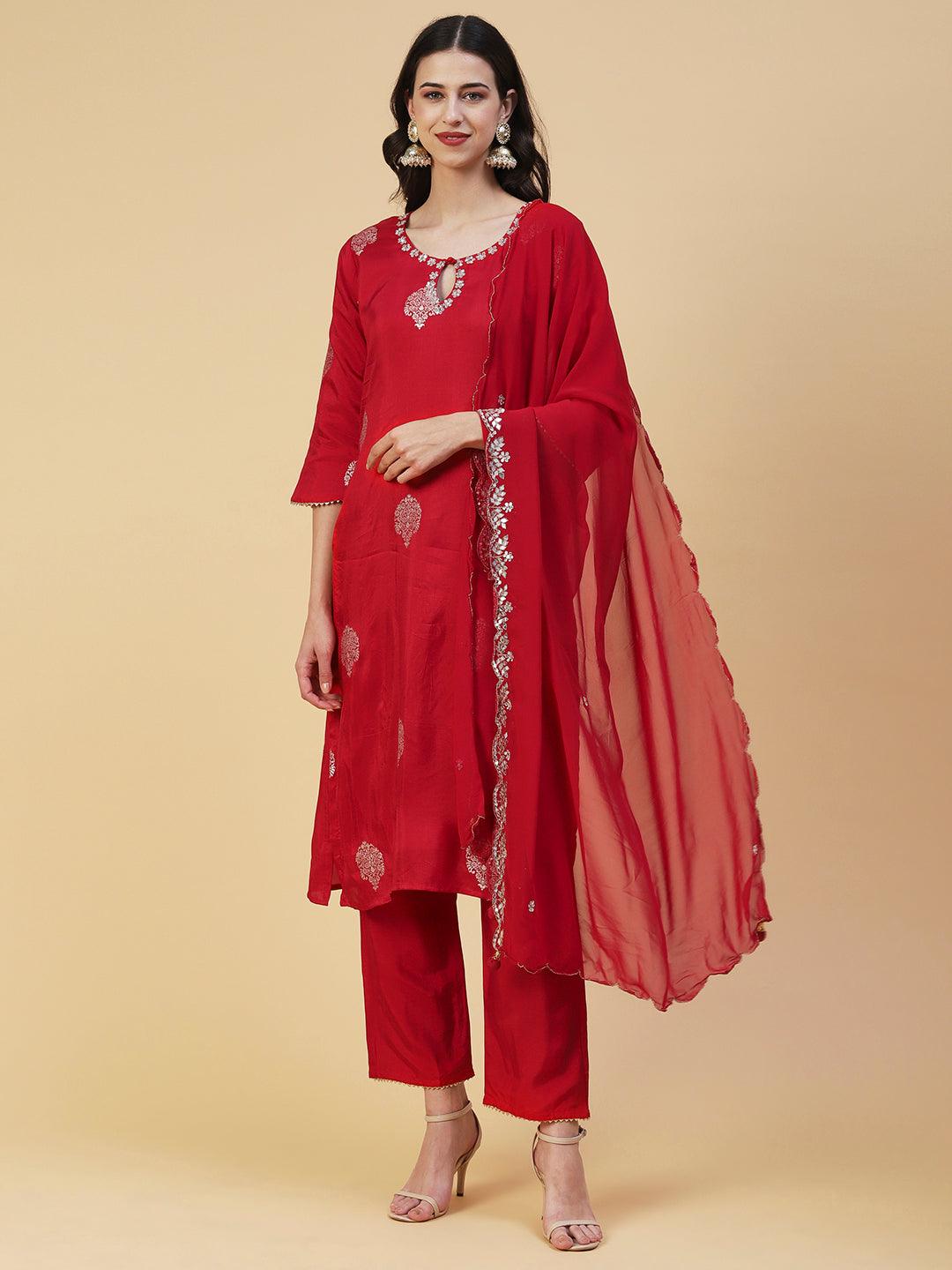 Ethnic Woven & Hand Embroidered Straight Kurta with Pant & Dupatta - Red - Indiakreations