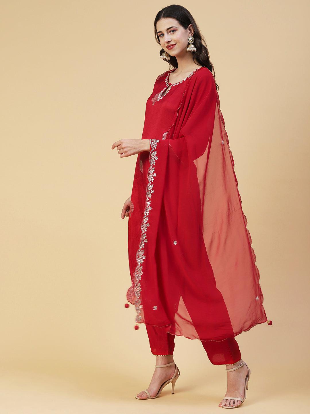 Ethnic Woven & Hand Embroidered Straight Kurta with Pant & Dupatta - Red - Indiakreations