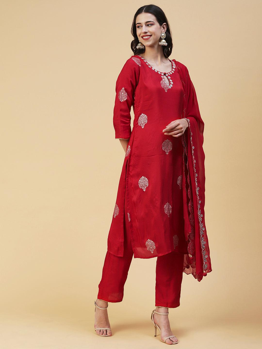 Ethnic Woven & Hand Embroidered Straight Kurta with Pant & Dupatta - Red - Indiakreations