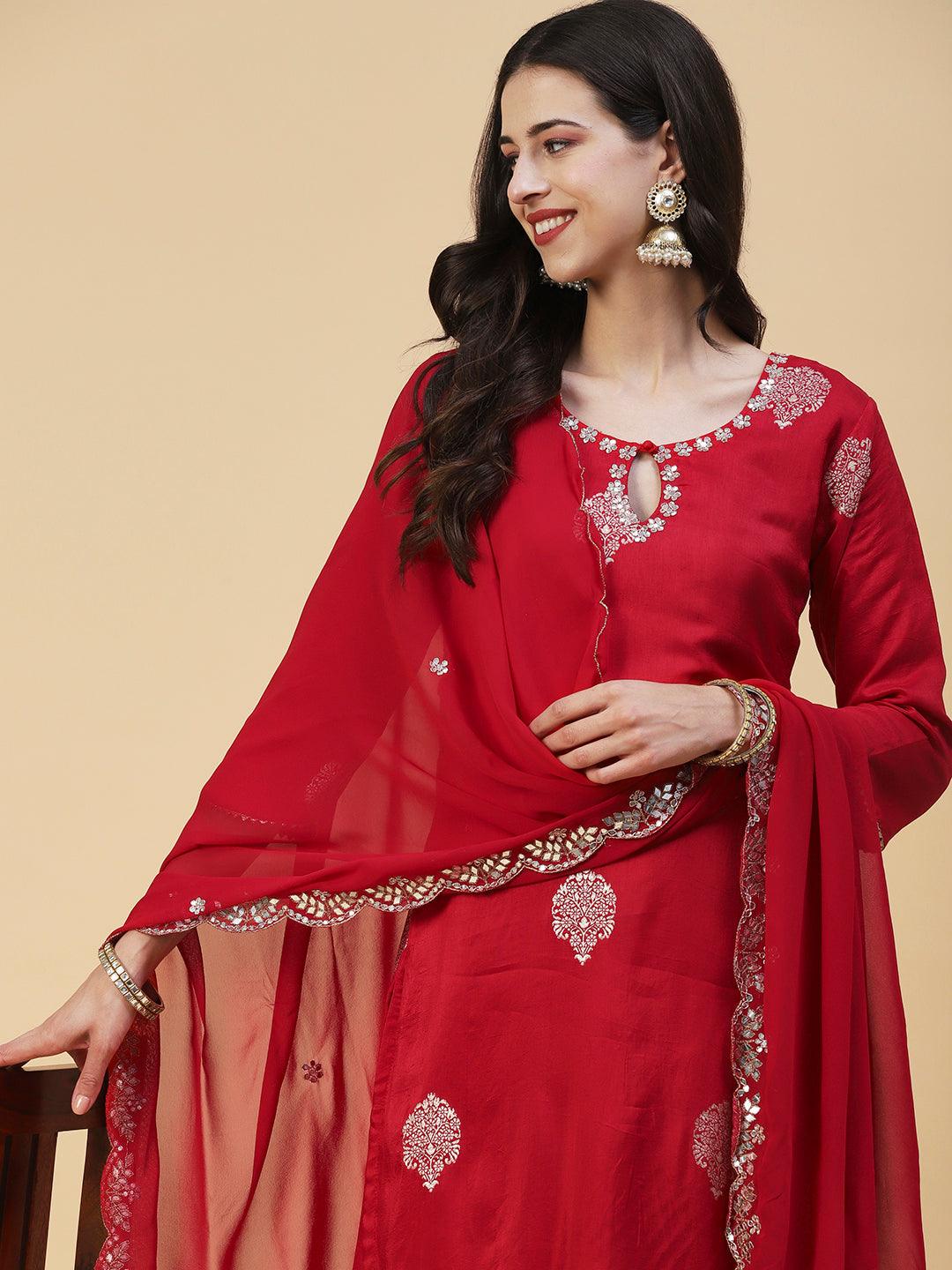 Ethnic Woven & Hand Embroidered Straight Kurta with Pant & Dupatta - Red - Indiakreations