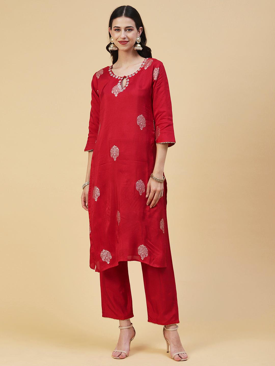 Ethnic Woven & Hand Embroidered Straight Kurta with Pant & Dupatta - Red - Indiakreations