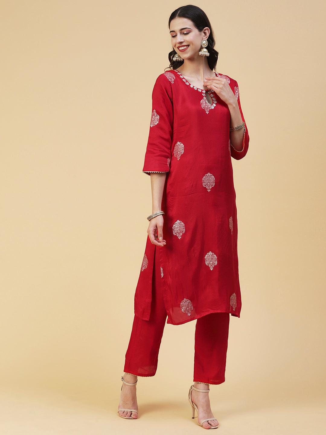 Ethnic Woven & Hand Embroidered Straight Kurta with Pant & Dupatta - Red - Indiakreations