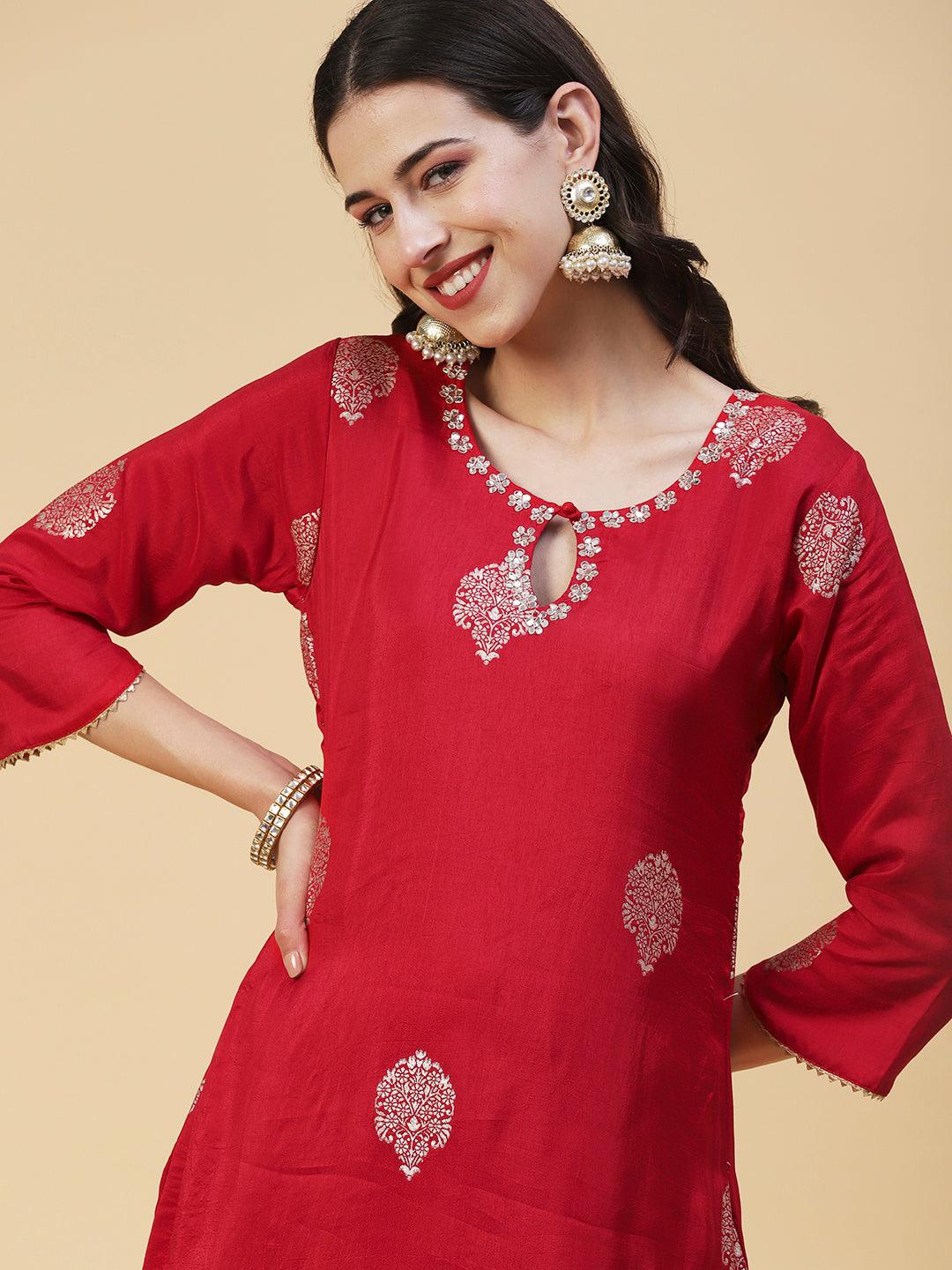 Ethnic Woven & Hand Embroidered Straight Kurta with Pant & Dupatta - Red - Indiakreations