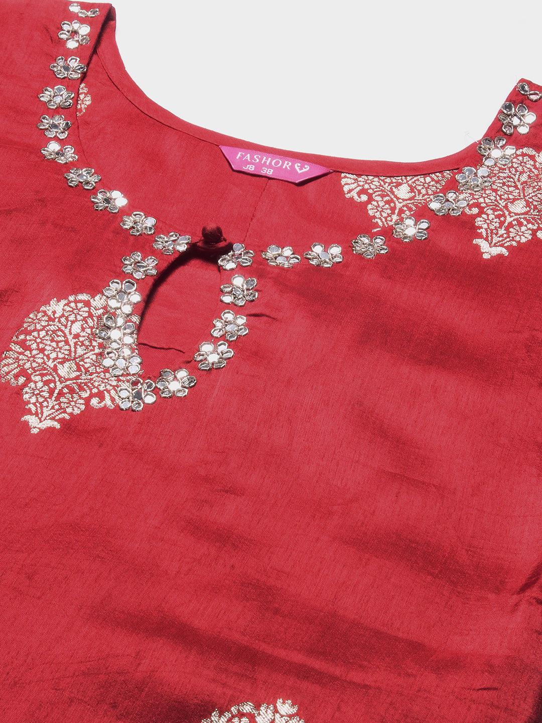 Ethnic Woven & Hand Embroidered Straight Kurta with Pant & Dupatta - Red - Indiakreations