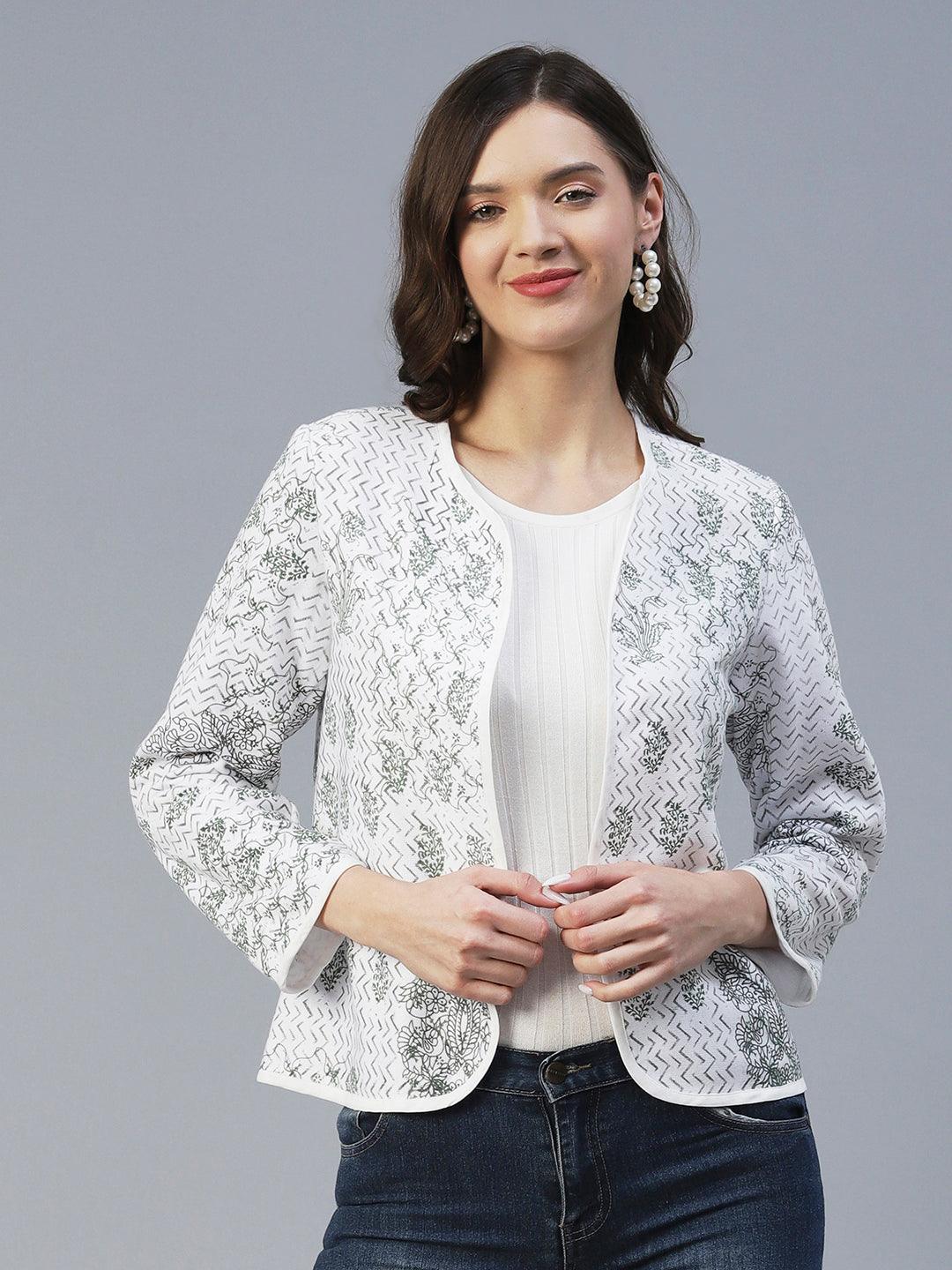 Winter Edition Ethnic Floral Printed Front Open Jacket - White - Indiakreations