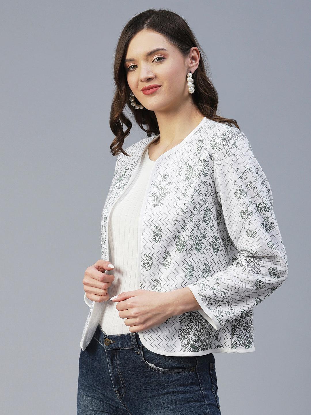 Winter Edition Ethnic Floral Printed Front Open Jacket - White - Indiakreations