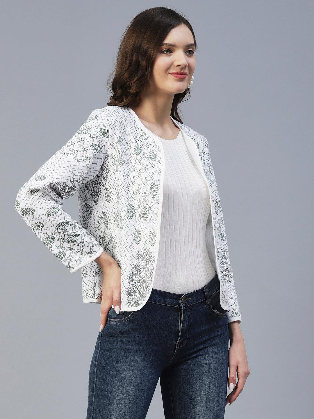 Winter Edition Ethnic Floral Printed Front Open Jacket - White - Indiakreations