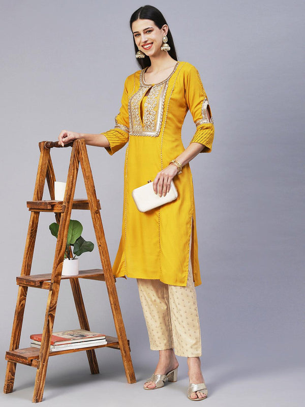 Solid Floral Embroidered Straight Fit Kurta - Yellow - Indiakreations