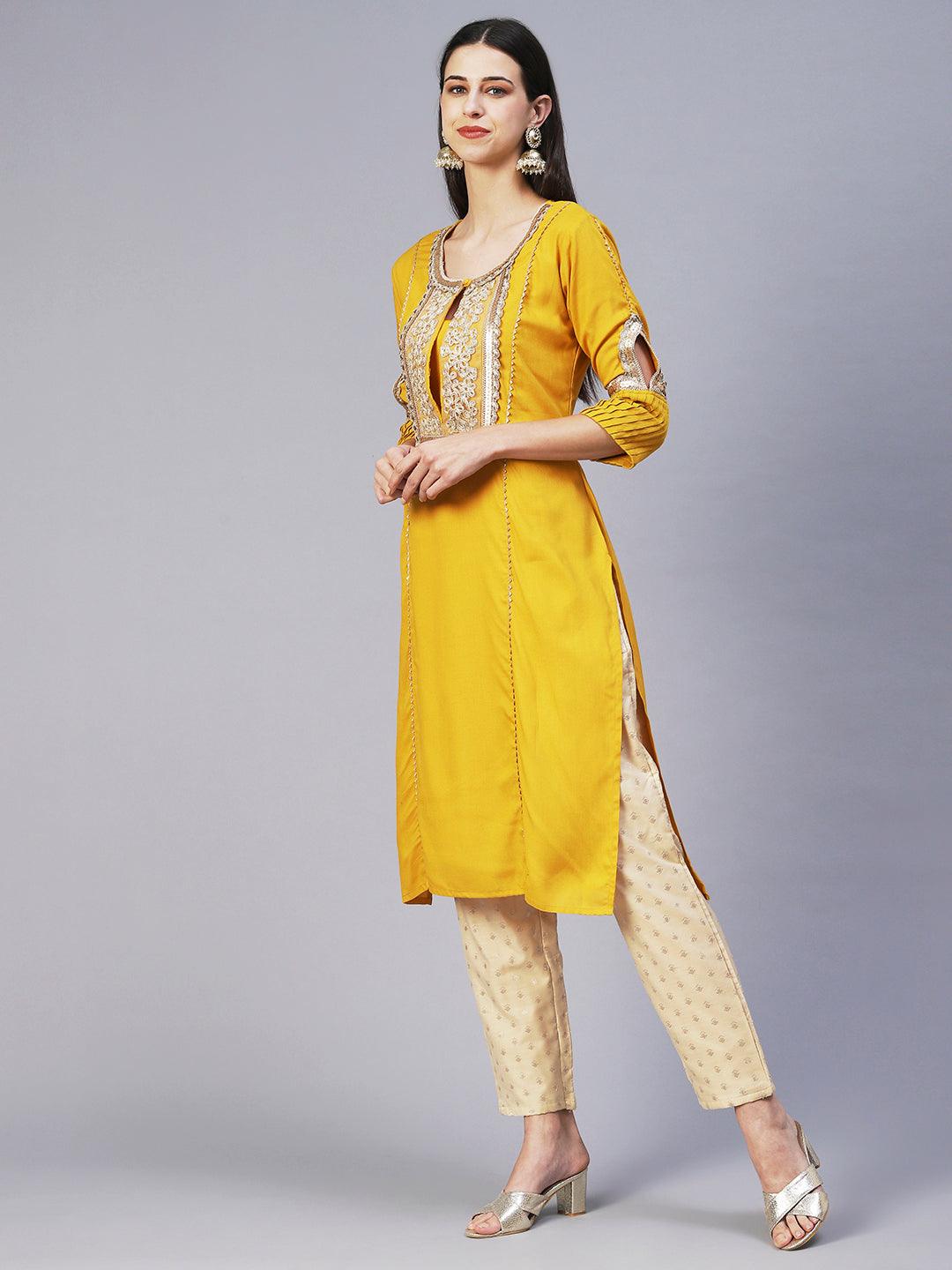 Solid Floral Embroidered Straight Fit Kurta - Yellow - Indiakreations