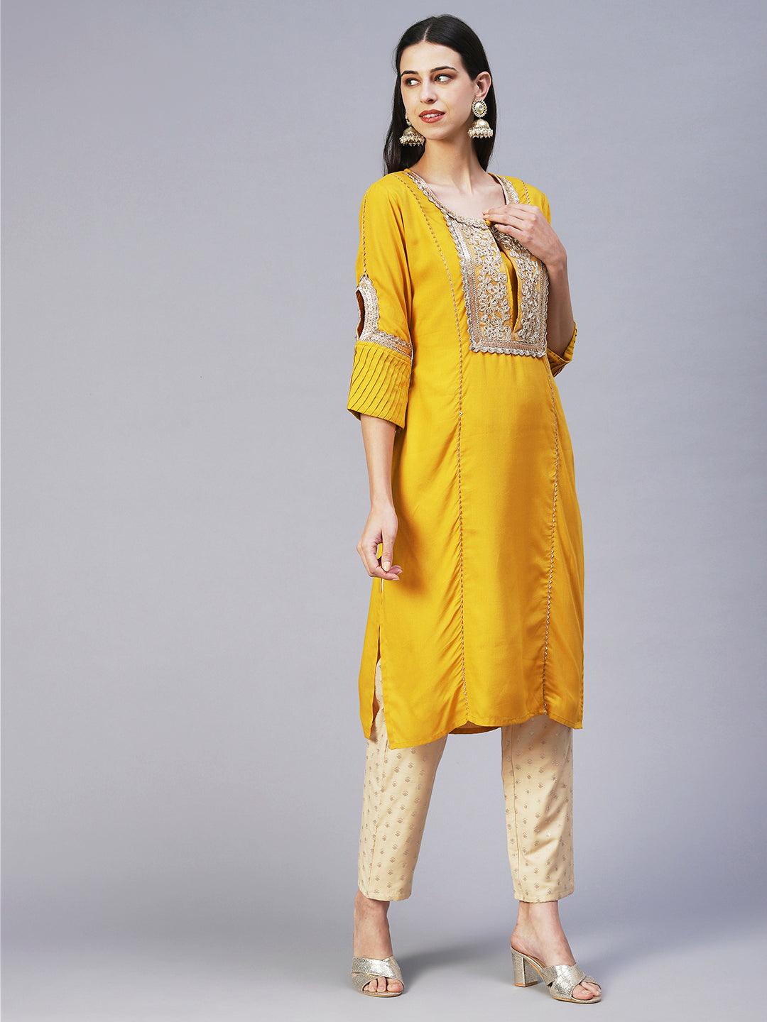 Solid Floral Embroidered Straight Fit Kurta - Yellow - Indiakreations