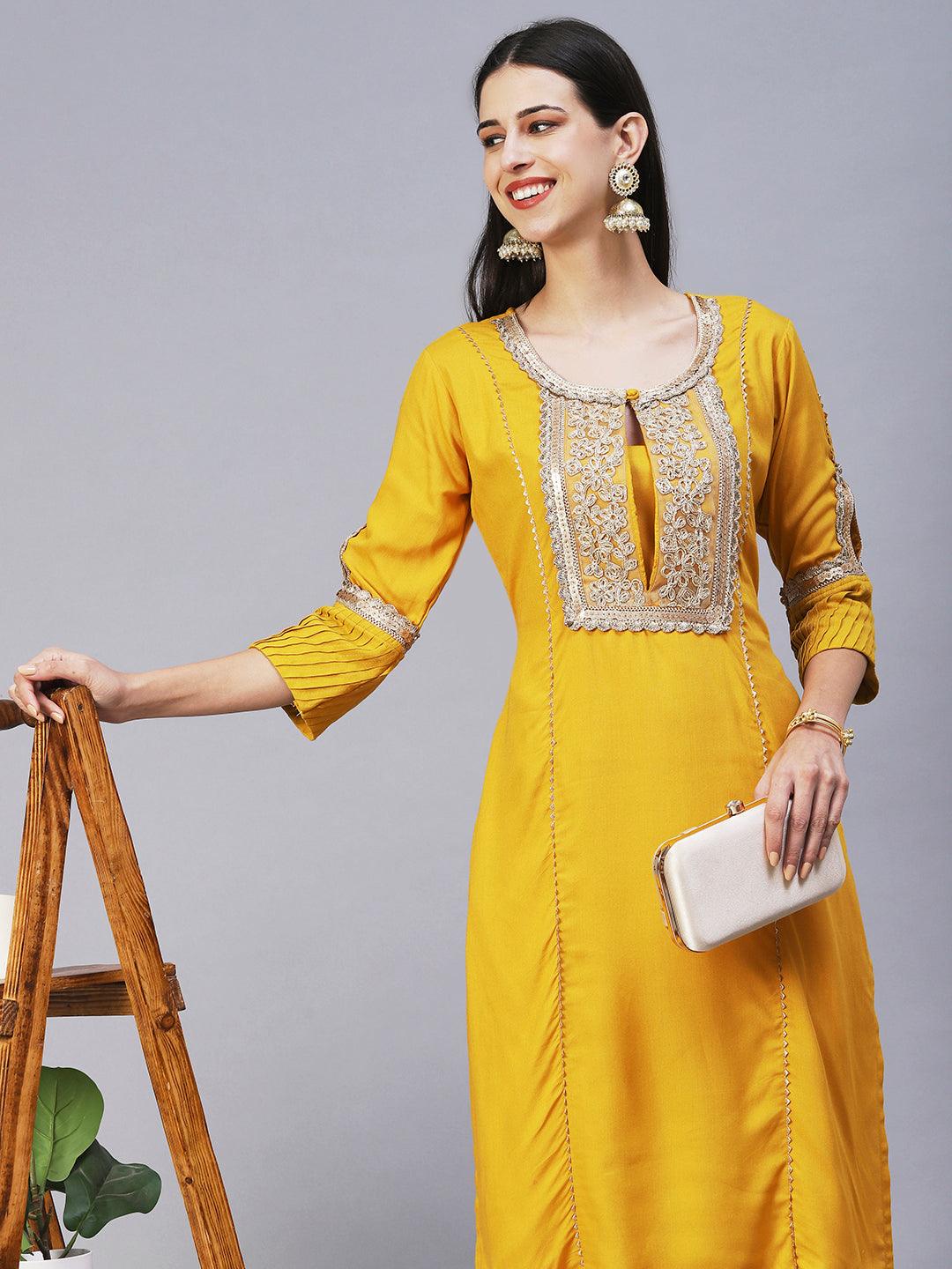 Solid Floral Embroidered Straight Fit Kurta - Yellow - Indiakreations