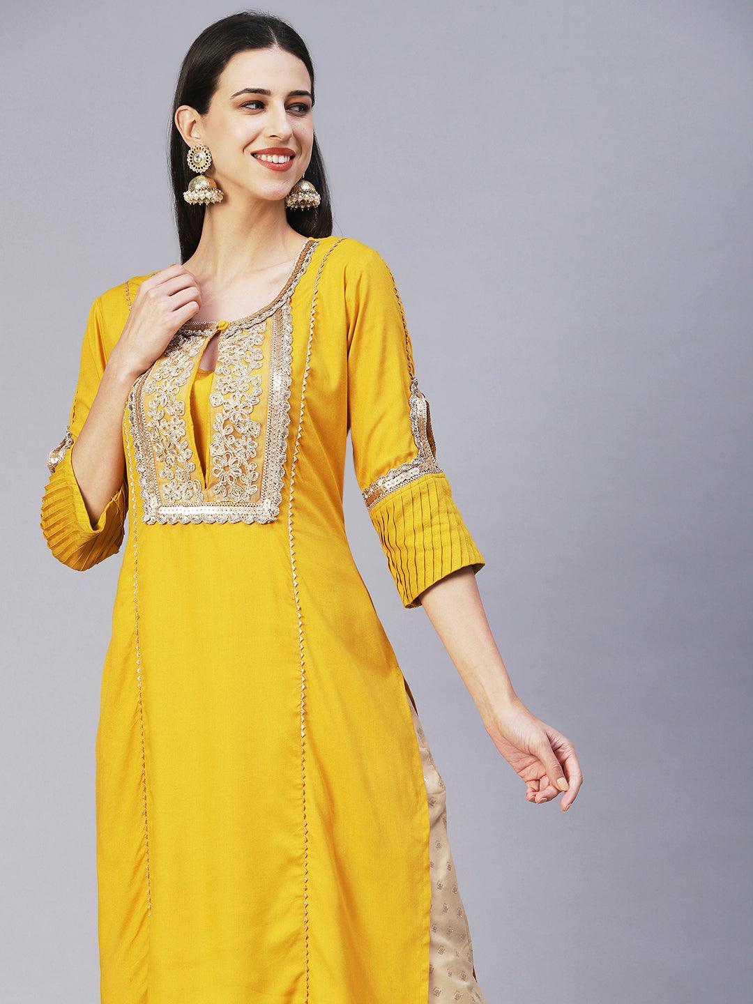 Solid Floral Embroidered Straight Fit Kurta - Yellow - Indiakreations