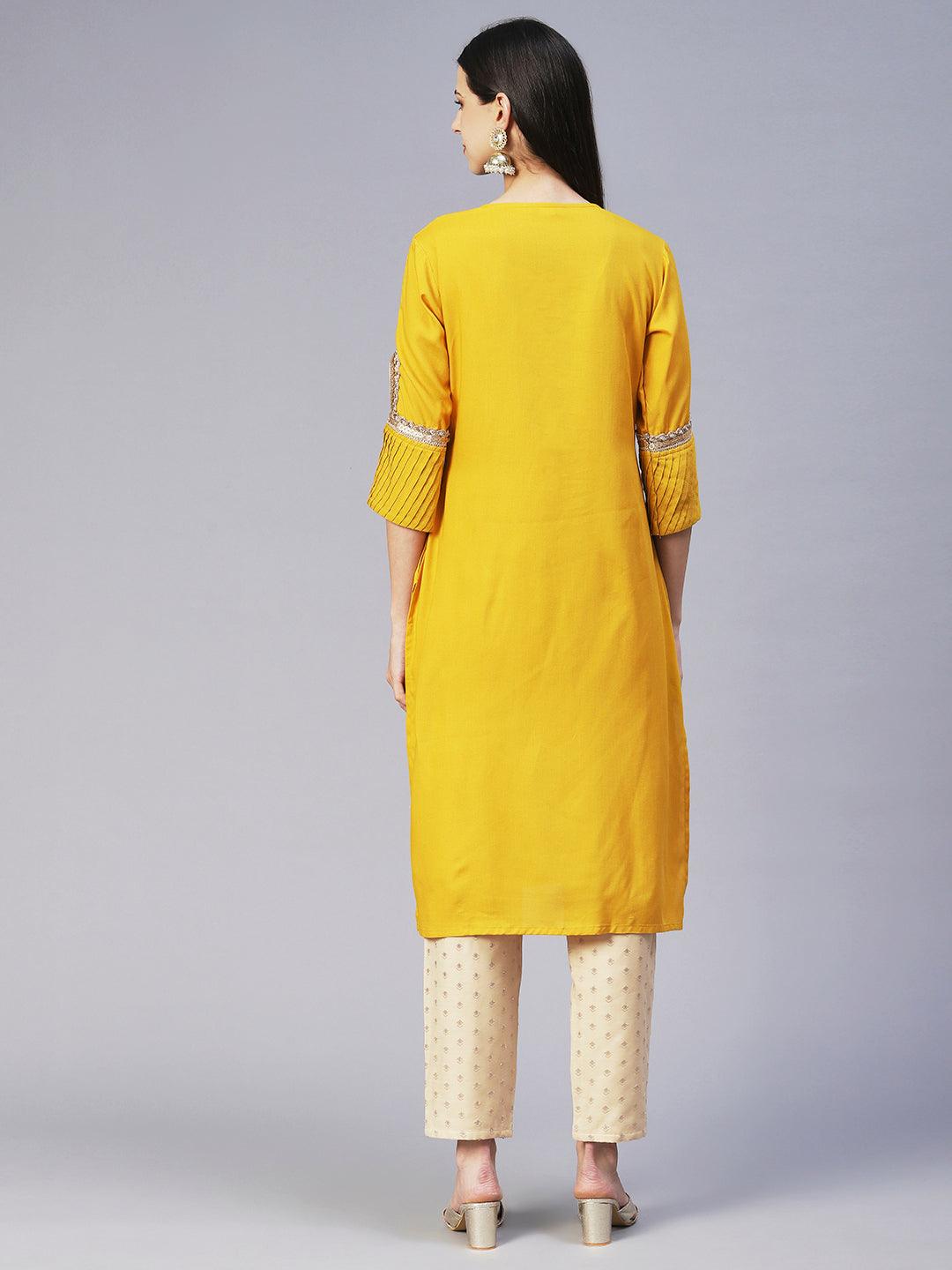 Solid Floral Embroidered Straight Fit Kurta - Yellow - Indiakreations