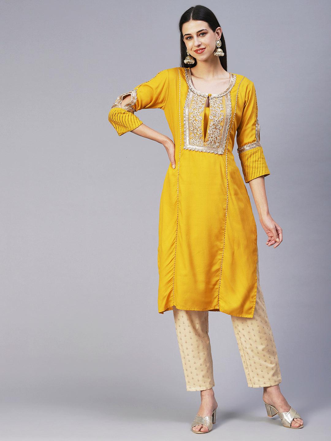 Solid Floral Embroidered Straight Fit Kurta - Yellow - Indiakreations