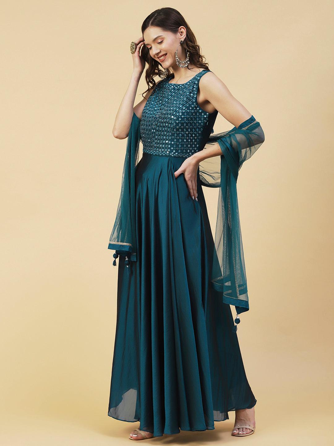 Solid Mirror Embroidered Flared Gown With Embroidered Dupatta - Blue - Indiakreations