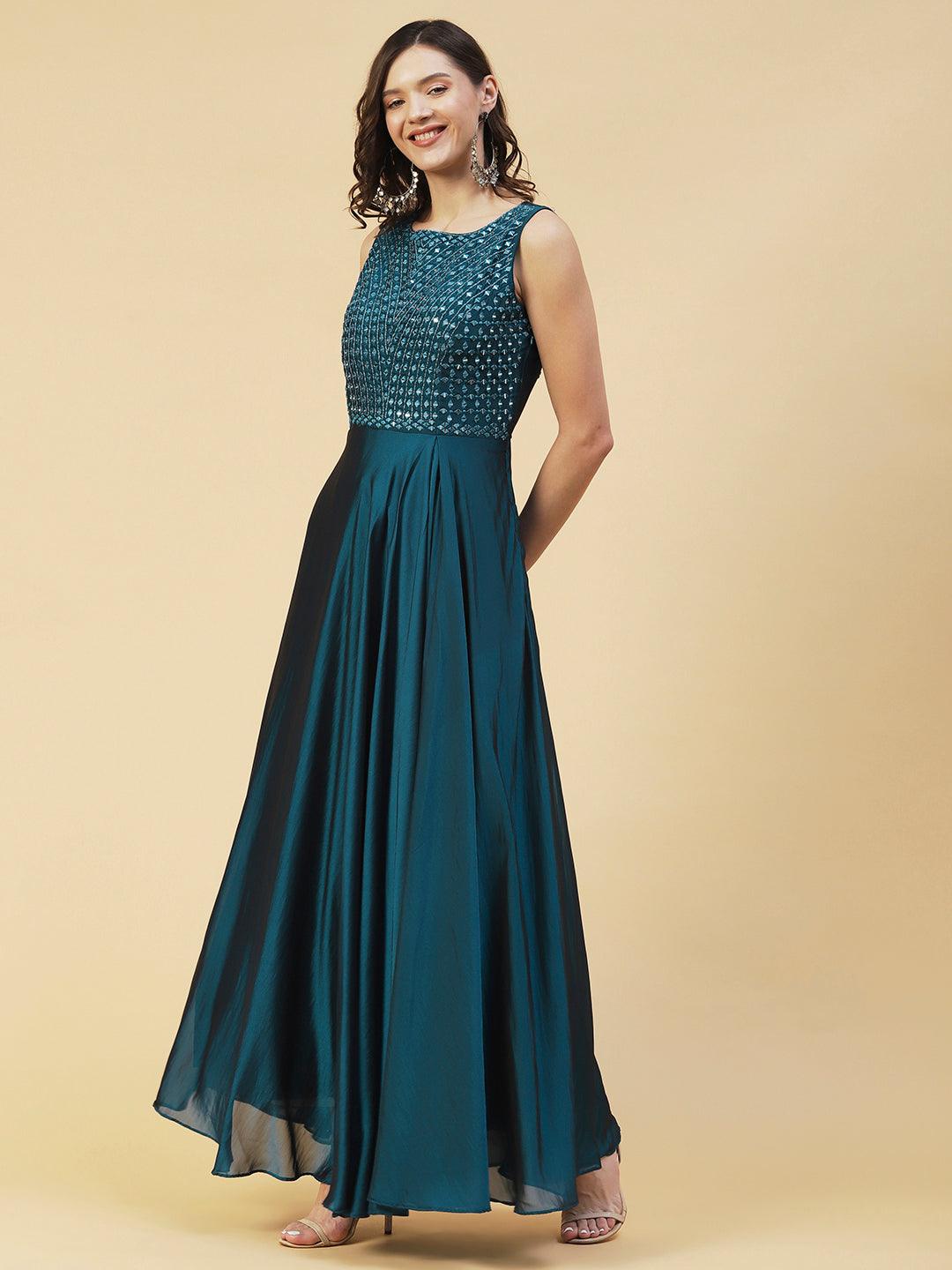 Solid Mirror Embroidered Flared Gown With Embroidered Dupatta - Blue - Indiakreations