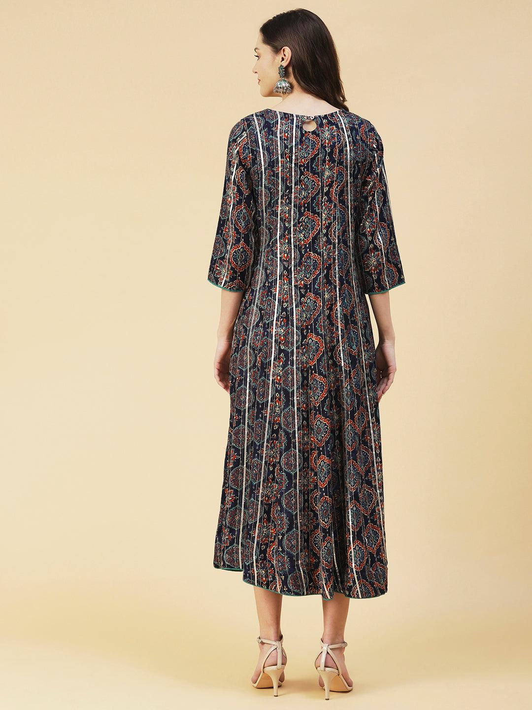 Ethnic Printed Zari Embroidered With Attached Waist Belt Maxi Dress - Navy Blue - Indiakreations