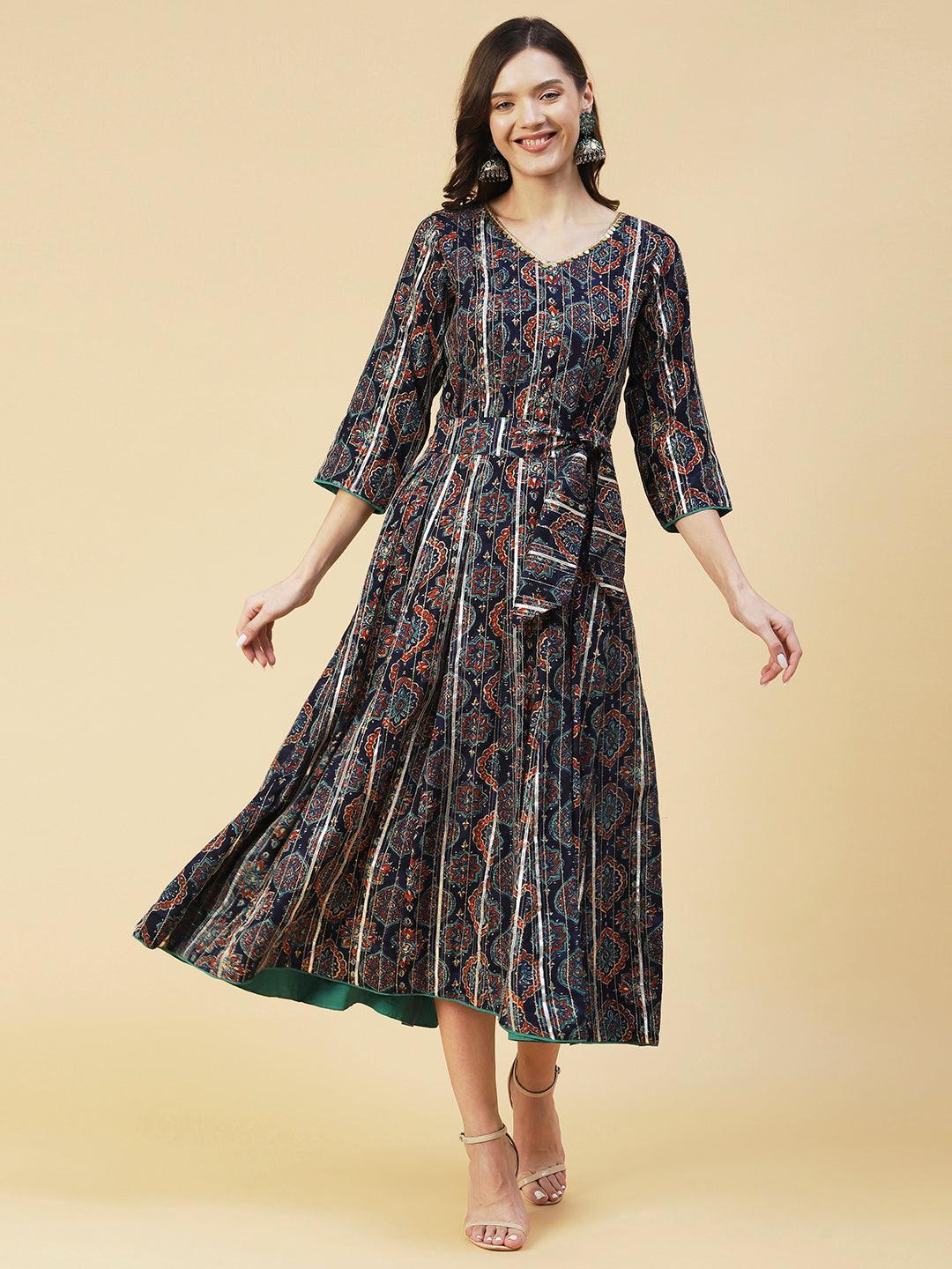 Ethnic Printed Zari Embroidered With Attached Waist Belt Maxi Dress - Navy Blue - Indiakreations