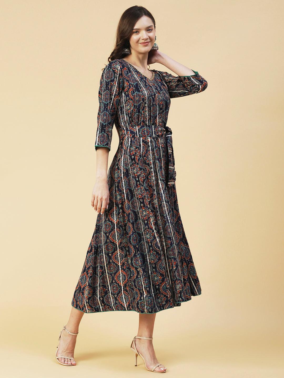 Ethnic Printed Zari Embroidered With Attached Waist Belt Maxi Dress - Navy Blue - Indiakreations