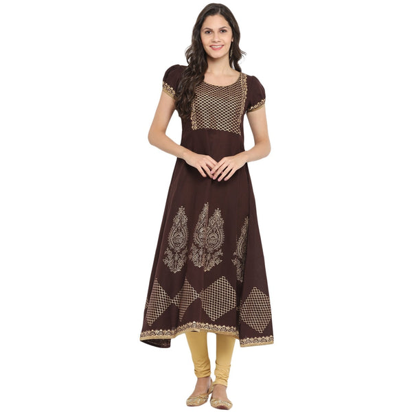 Women's Brown & Golden Cotton Printed Anarkali Kurti With Block Print (1 Pc) - Noz2Toz