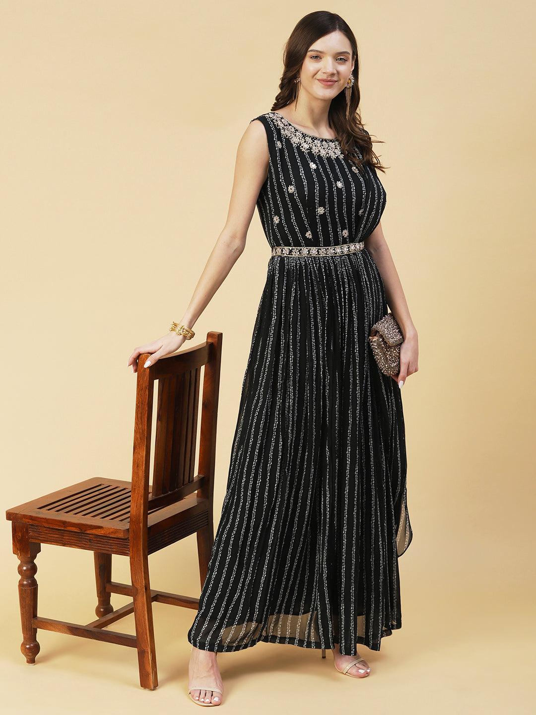 Stripes Printed & Floral Hand Embroidered Fit & Flare Maxi Dress - Black - Indiakreations