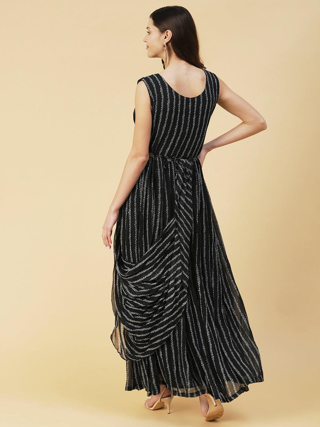 Stripes Printed & Floral Hand Embroidered Fit & Flare Maxi Dress - Black - Indiakreations