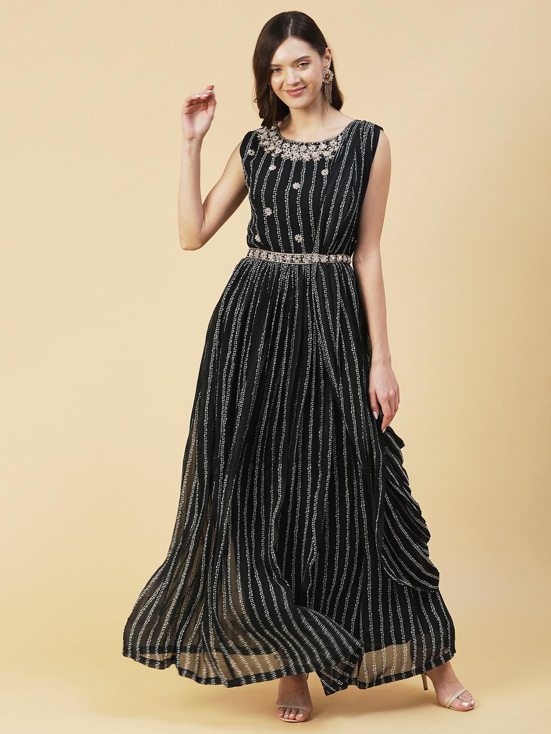 Stripes Printed & Floral Hand Embroidered Fit & Flare Maxi Dress - Black - Indiakreations