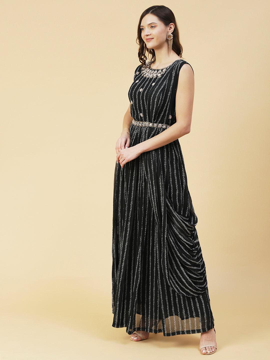 Stripes Printed & Floral Hand Embroidered Fit & Flare Maxi Dress - Black - Indiakreations