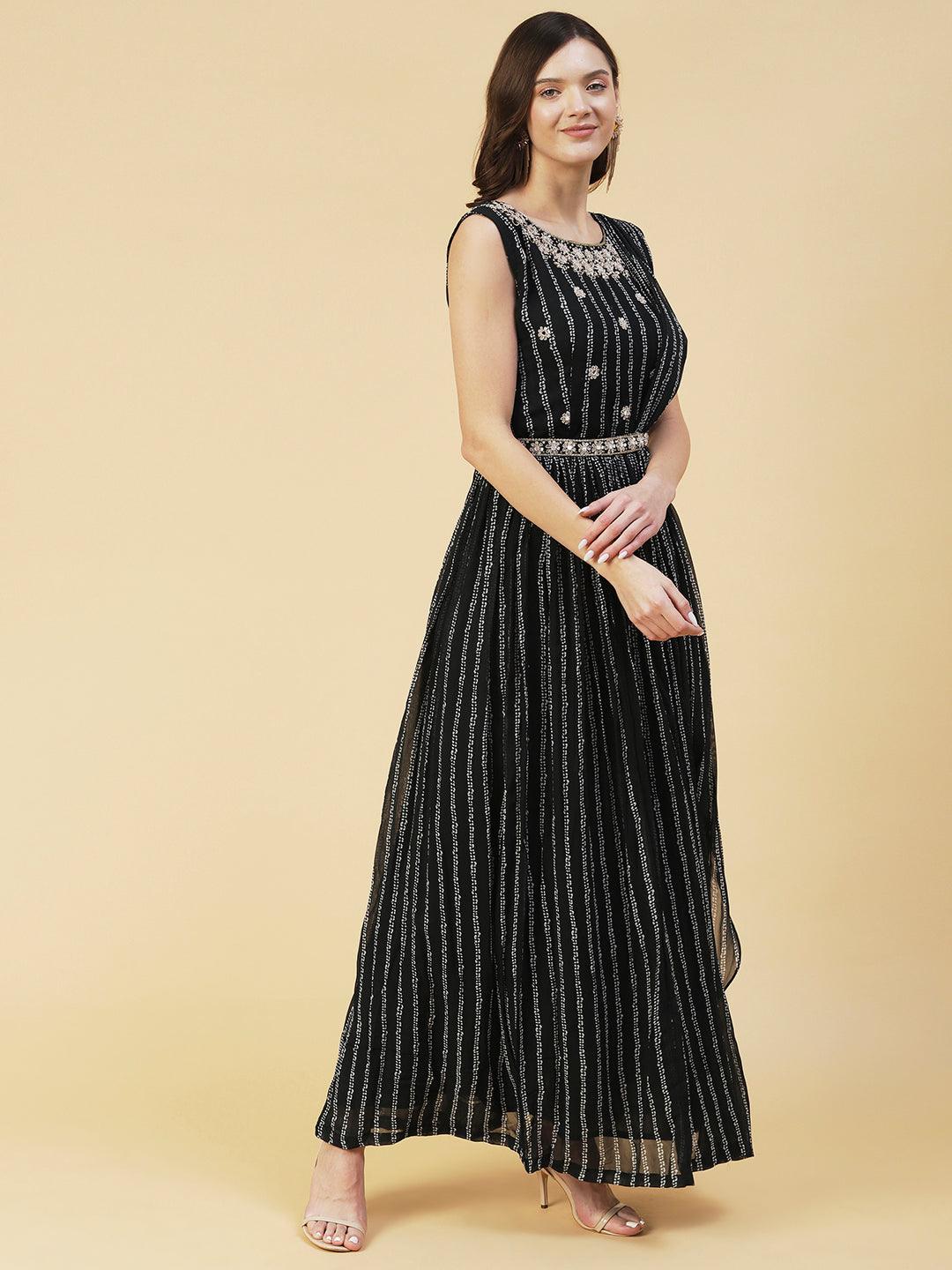 Stripes Printed & Floral Hand Embroidered Fit & Flare Maxi Dress - Black - Indiakreations