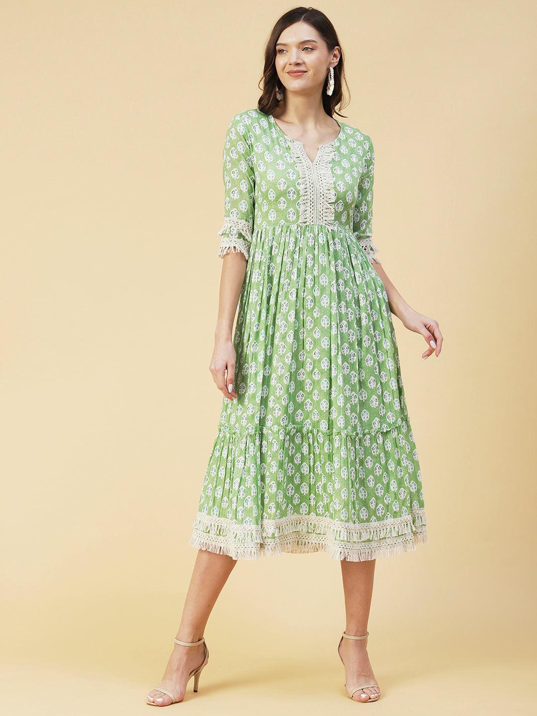 Floral Ethnic Printed Fringed Lace Ornamented Tiered Dress - Green - Indiakreations